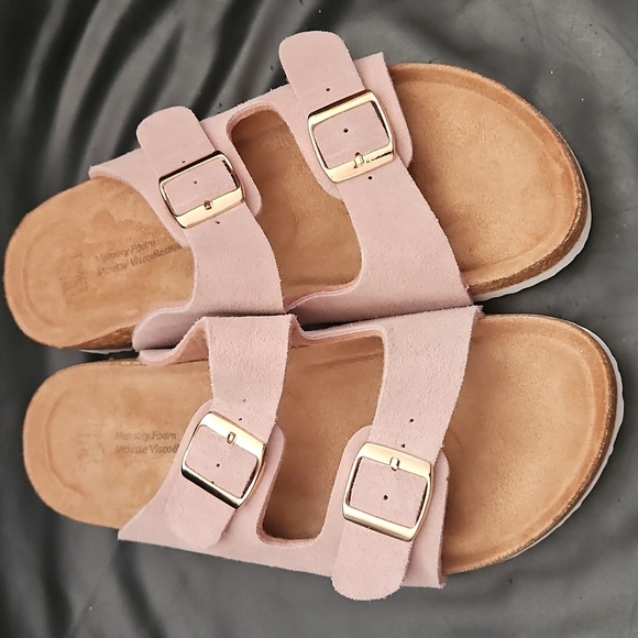 Time & Tru Randi Neutral Blush Suede Slide Sandals with Buckles Sz 8US New - Picture 4 of 8